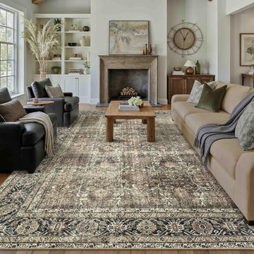 Vintage Area Rug 9x12 Brown Washable Living Room Large Carpet Non Slip Bedroom Indoor Office Low Pil