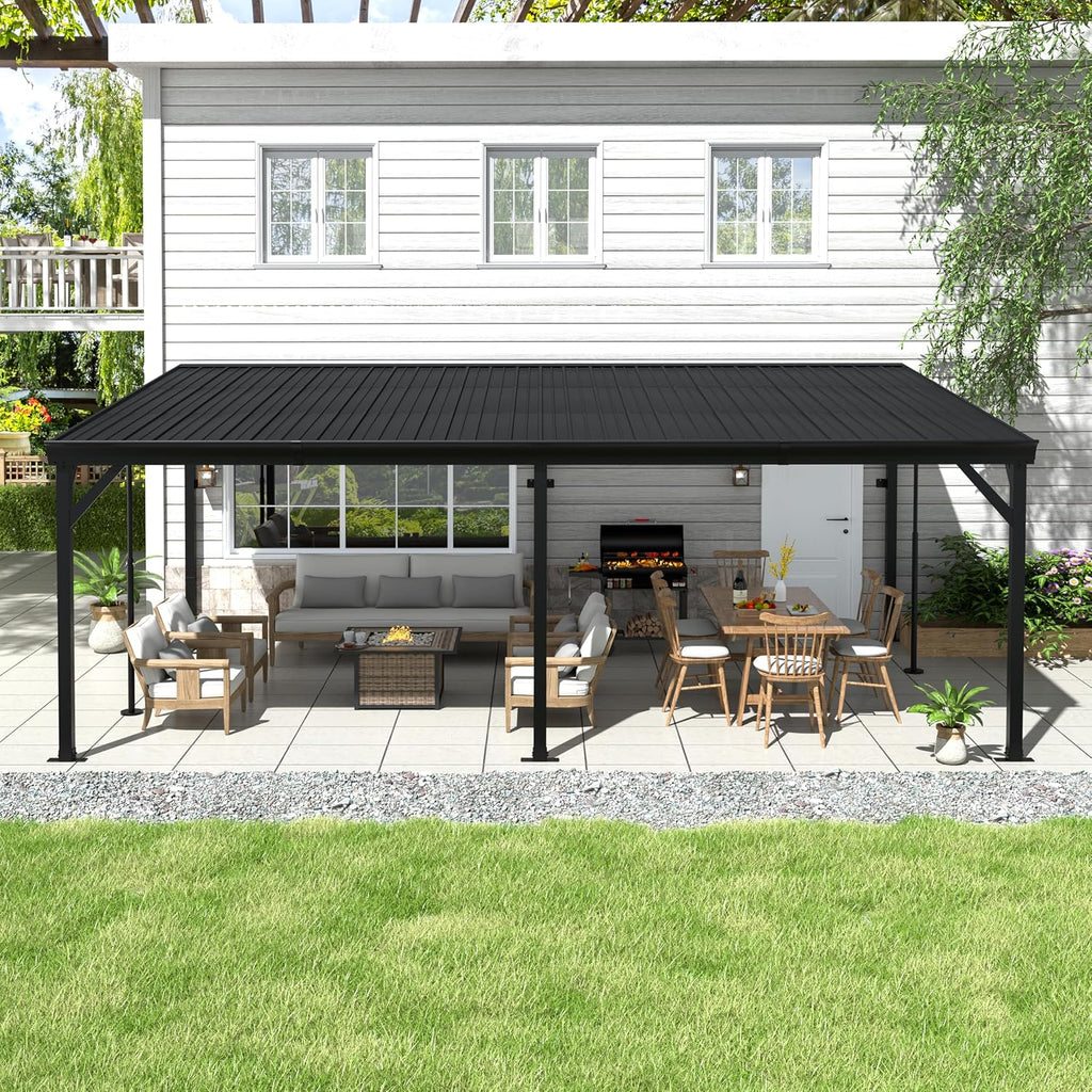 12' x 20' Hardtop Lean-to Gazebo, Wall-Mounted Aluminum Pergola with Adjustable Support Posts – Black