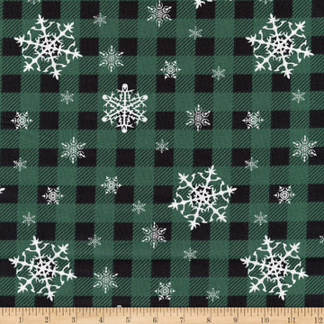 Downhome Country Christmas Plaid Snowflake Green/White, Fabric by The Yard