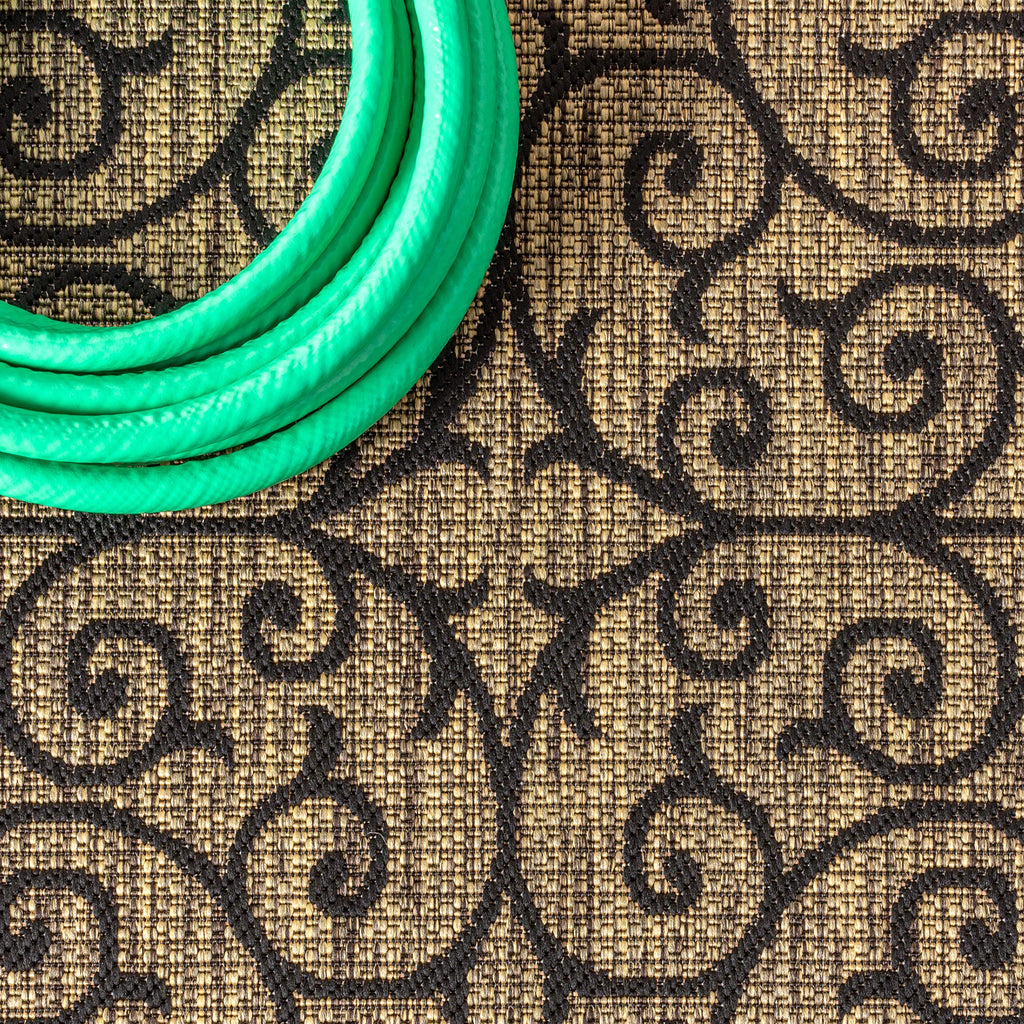 Vintage Filigree Indoor Outdoor Runner Rug Black/Khaki, Madrid Textured Weave for Backyard, Patio, Porch