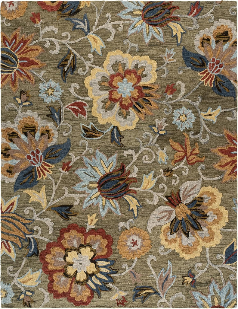 Blossom Area Rug - 10' x 14', Green & Red, Handmade Wool, Floral Design