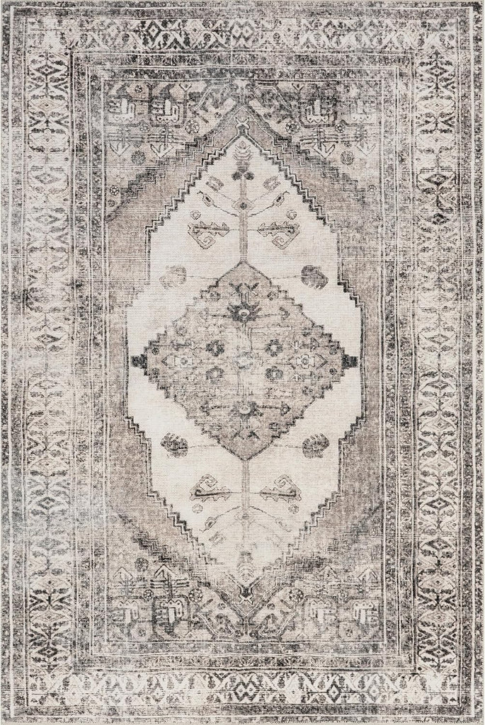 Gladys Machine Washable Vintage Medallion Ultra Thin Area Rug, Light Grey