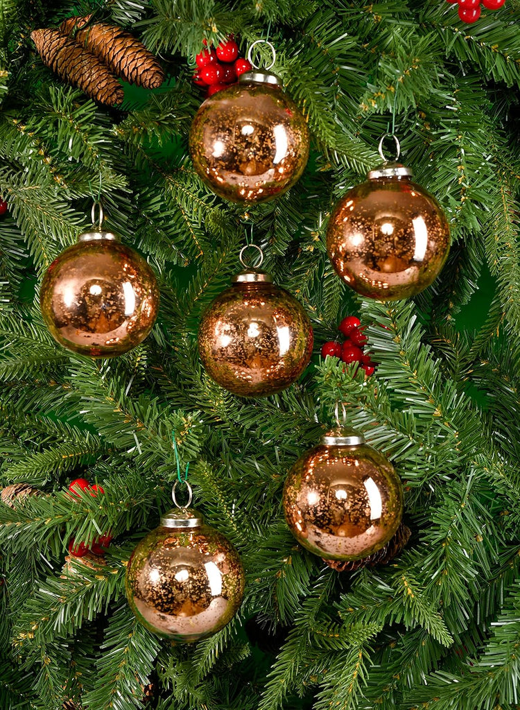 Set of 6 Copper Bronze Mercury Glass Christmas Ball Ornament for Window Box, Decorative Ornaments for Holiday Décor