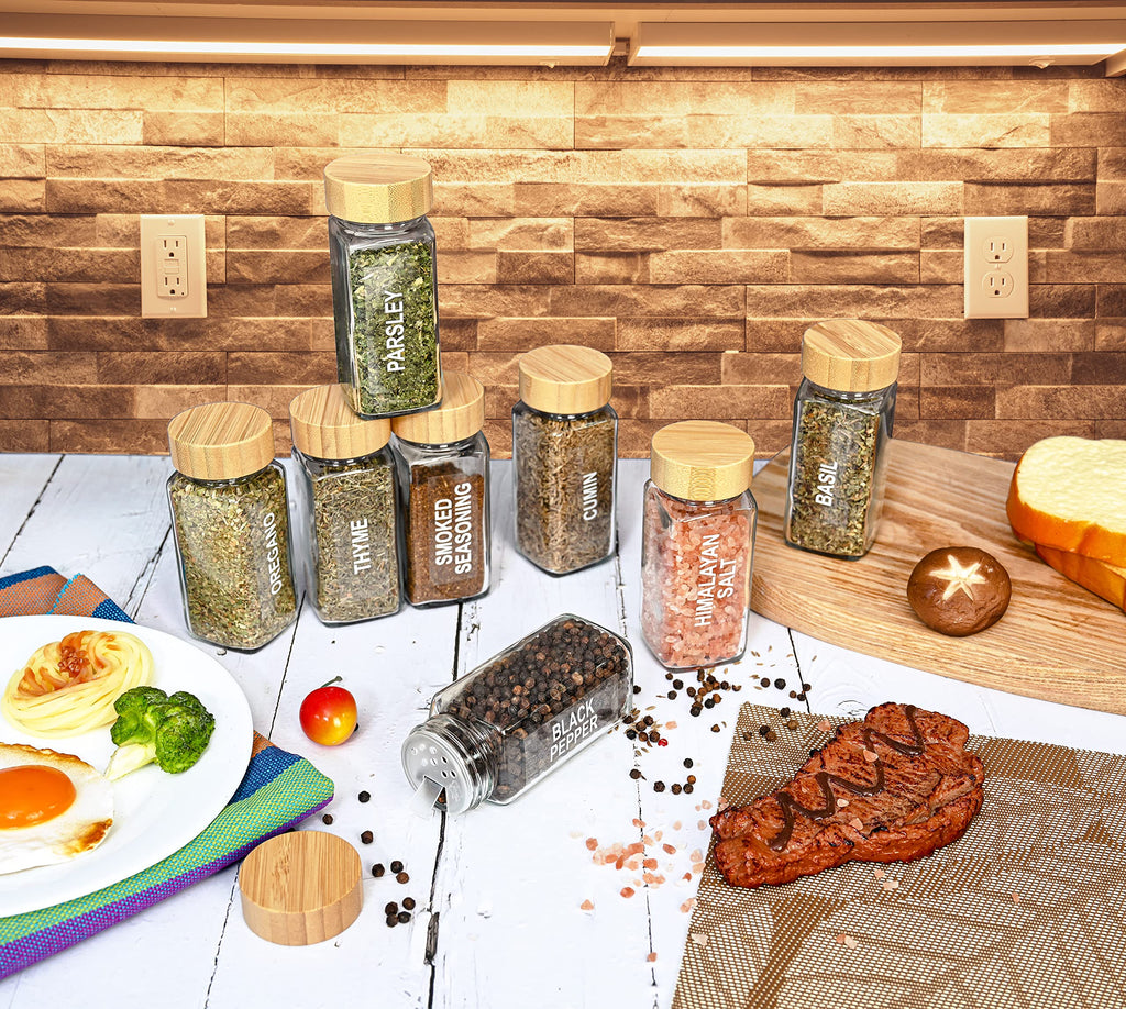Glass Spice Jars with Label Set, Bamboo Lids & Funnel - Kitchen Airtight Storage Jars with Lids - Spices and