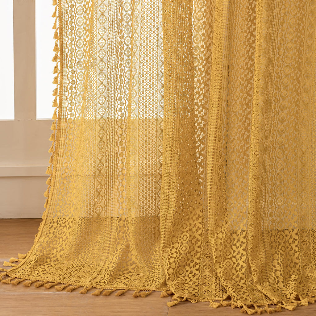 Boho Lace Curtains 63 Inches 2 Panel, Light Filtering Privacy Tassel & Geometry Crochet Semi Sheer Curtain Drapes