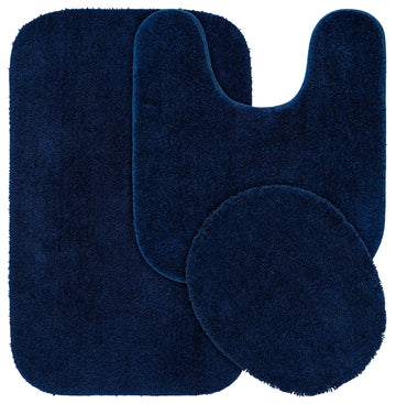 Rug Traditional Nylon Washable Navy 3 Piece Set - Lid, Contour, Bath Rug - Soft, Absorbent, and Stylish for Your