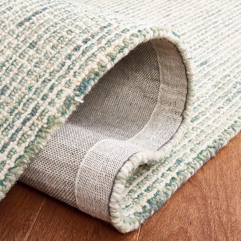 Abstract Area Rug - 10' x 14', Green & Ivory, Handmade Wool