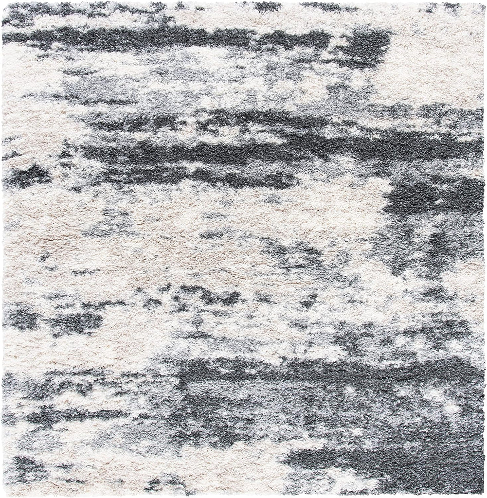 Fontana Shag Collection Area Rug - 6'7" Square, Grey & Ivory, Non-Shedding & Easy to Clean, Plush Thick Pile, Ideal