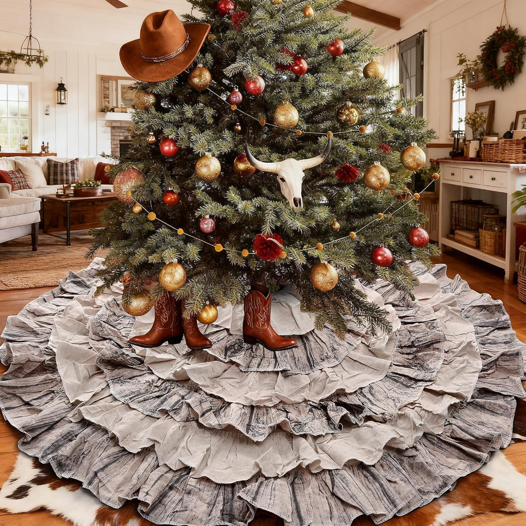 48 Inch Western Farmhouse Tree Skirt, 6-Layer Ruffled Wood Grain & Burlap Design, Rustic Country Cowboy Holiday