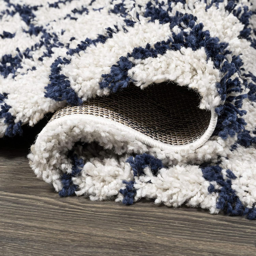 Diamond Shag Beige/Navy Indoor Area Rug, Algaida Moroccan, Easy-Cleaning, High Traffic, Pet-Friendly