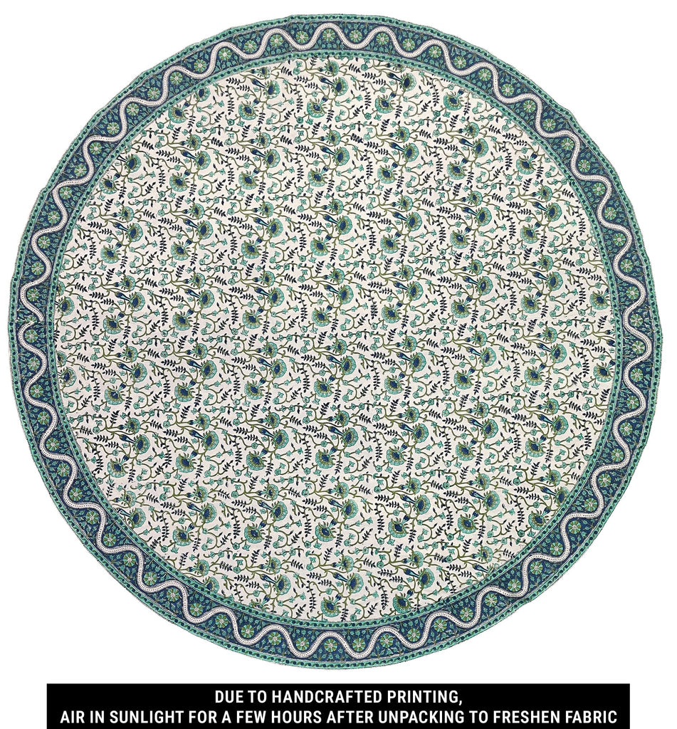 Cotton Block Print Tablecloth Round 72 inch, Blue Green