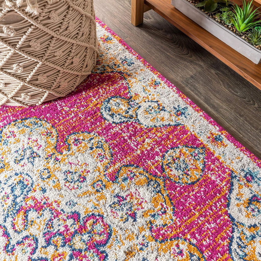 Boho Vintage Pink/Cream Indoor Area Rug, Bohemian Flair Medallion, Chic, Floral, High Traffic, Pet Friendly