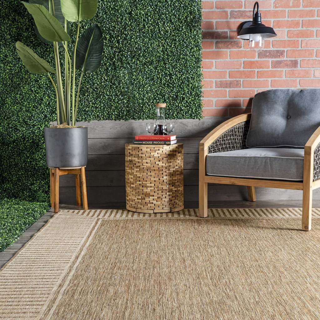 Asha Light Brown Bordered Indoor/Outdoor Area Rug, 5' x 8'