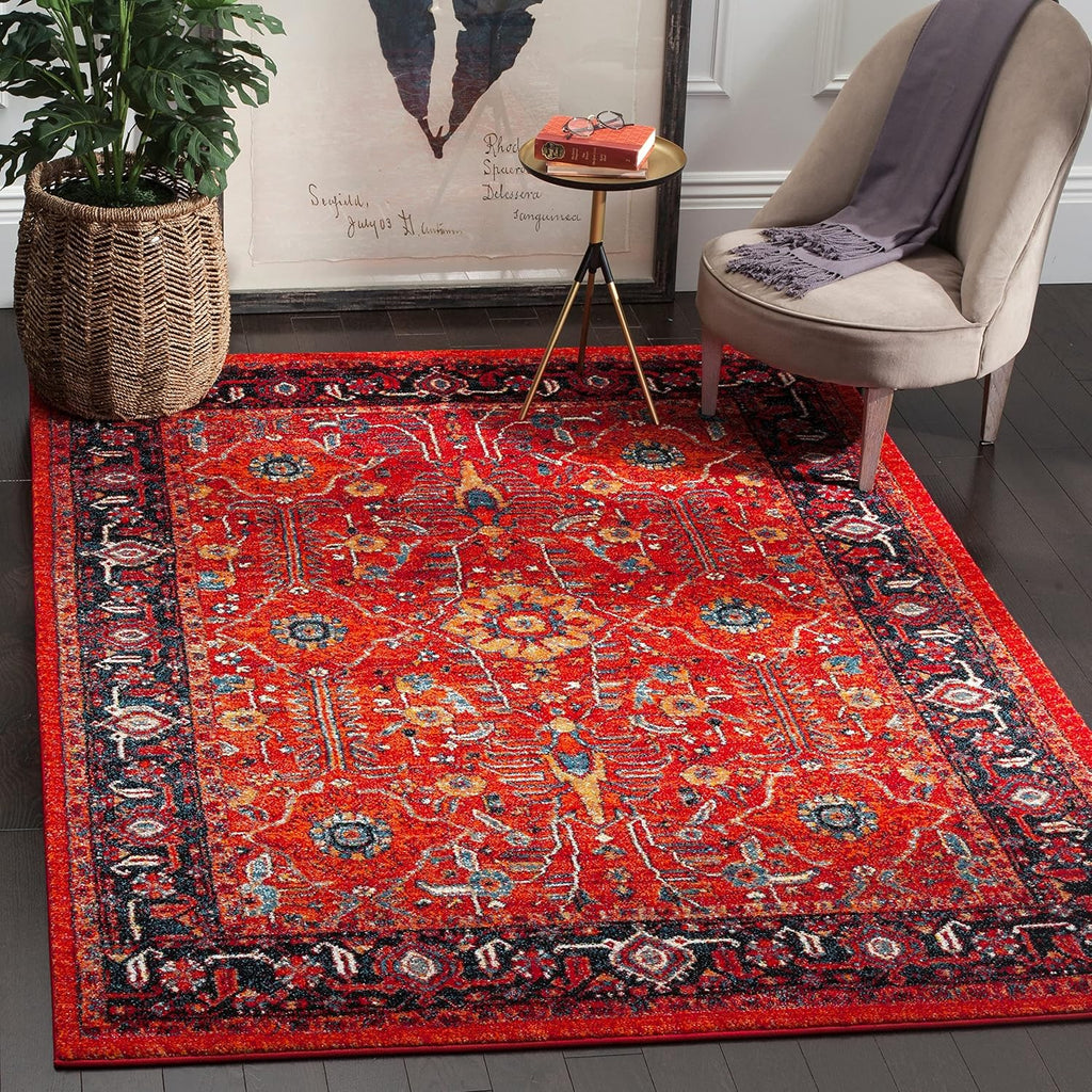 Vintage Hamadan Area Rug - 9' x 12', Orange & Navy, Oriental Traditional Persian Design, Non-Shedding & Easy Care