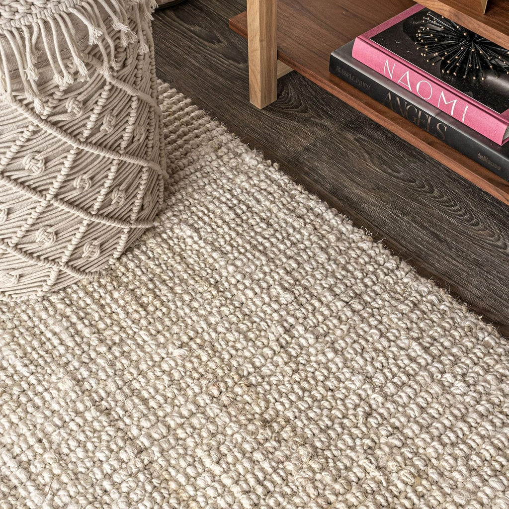 Hiro Hand Woven Chunky Jute Ivory Square Indoor Area Rug, Bohemian, Transitional, Easy-Cleaning, Pet Friendly