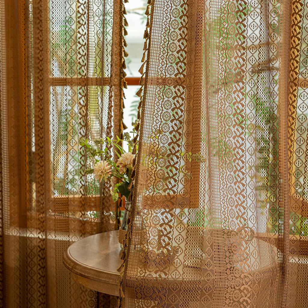 Boho Curtains 2 Panels Nursery, Lace Curtains Bohemian Semi Sheer Farmhouse Crochet Privacy Vintage Tassels Taupe