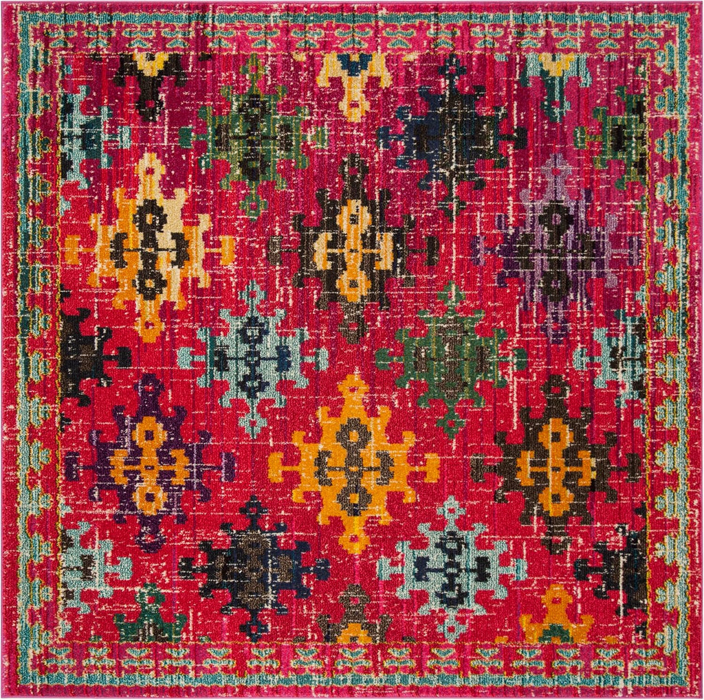 Monaco Collection Area Rug - 6'7" Square, Fuchsia & Multi, Boho Diamond Trellis Design, Non-Shedding & Easy Care