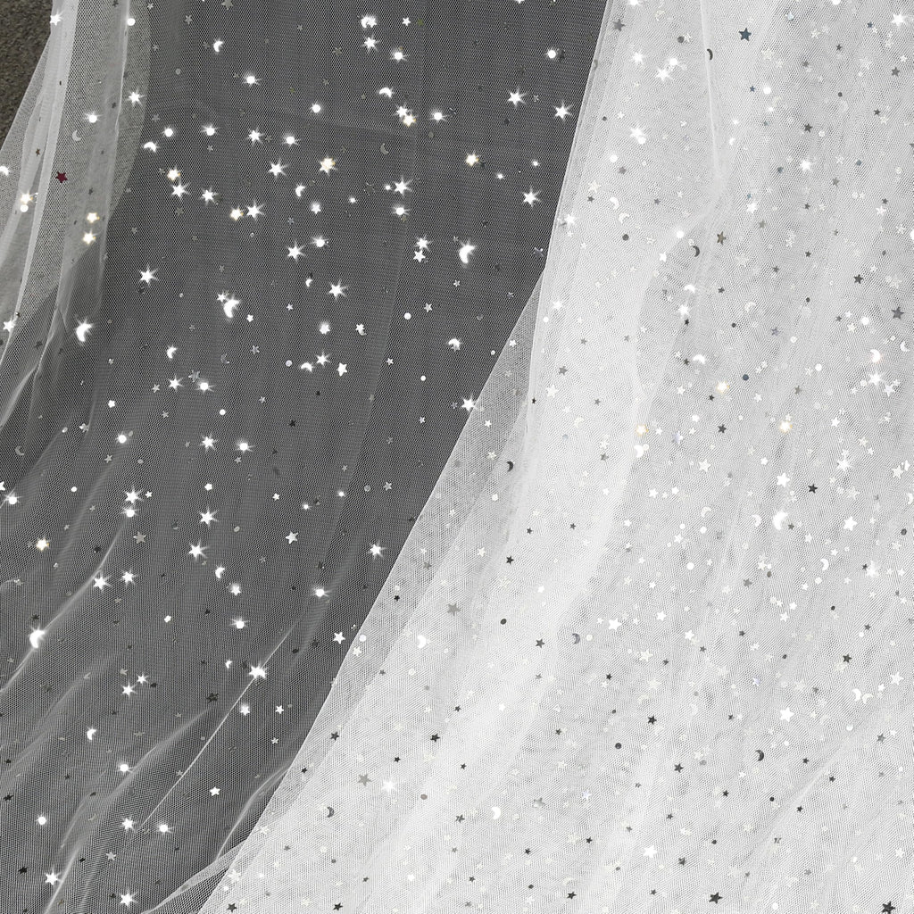 1 Yard Glitter Tulle, Star Moon Sequin, 54" Wide White