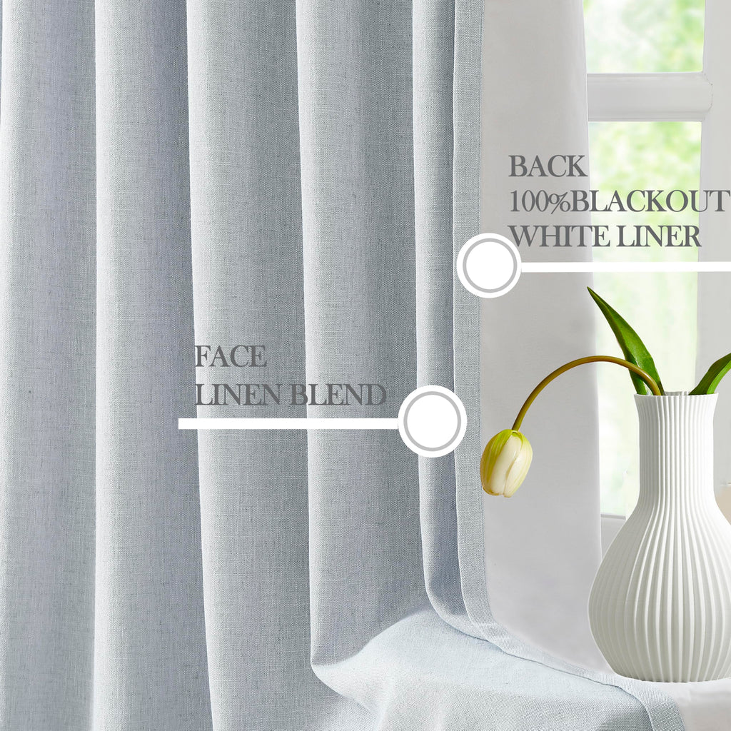 102 Inches Blue Grey Linen Full Blackout Pinch Pleat Curtains