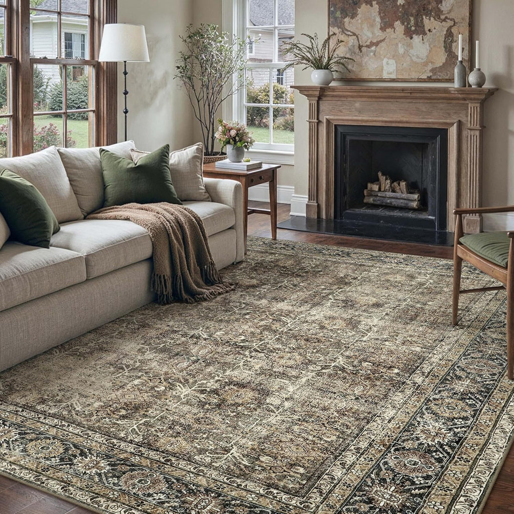 Vintage Area Rug 9x12 Brown Washable Living Room Large Carpet Non Slip Bedroom Indoor Office Low Pil