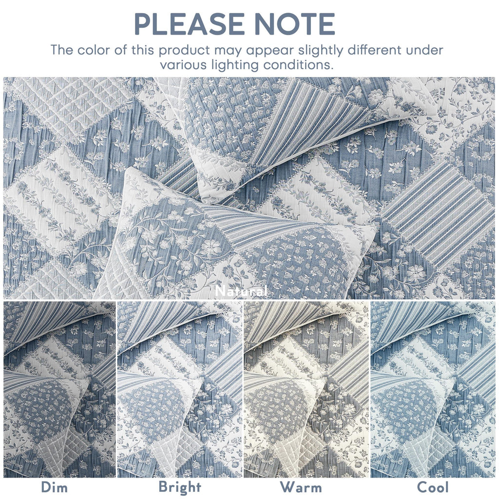 Jacquard Patchwork Quilt Set - 3 Piece Lightweight Blue White Bedspread Set for Spring Summer, Soft
