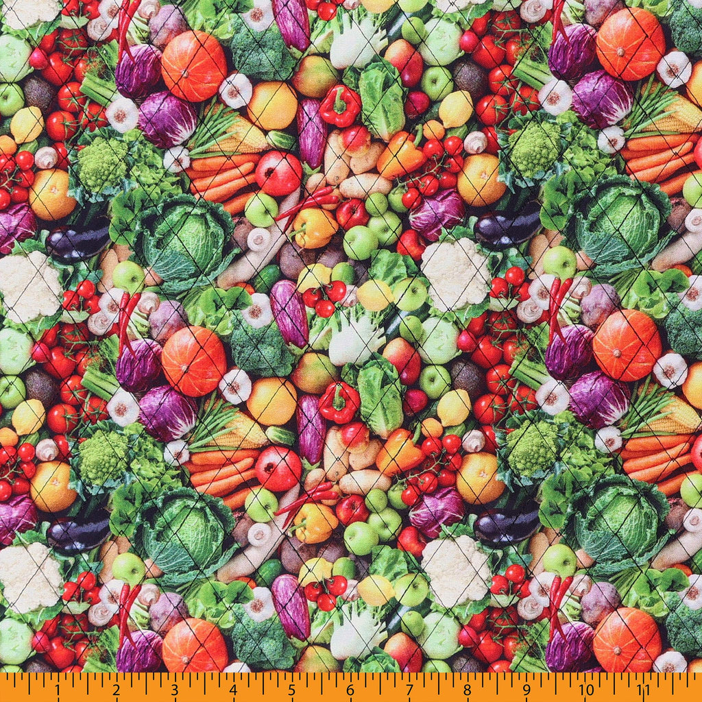 Double Faced Quilted Cotton, Mixed Vegetables Grey/Multi