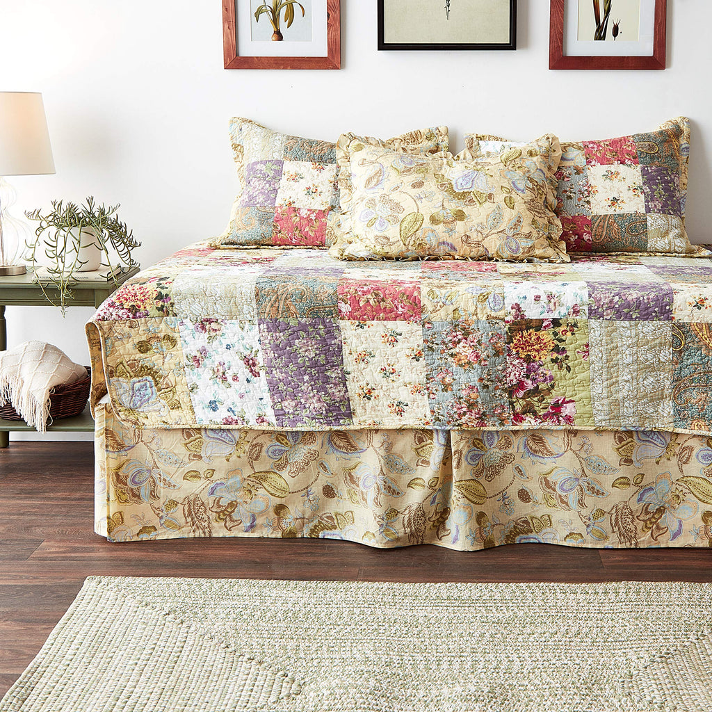 100% Cotton Authentic Patchwork Quilted Daybed Set, 5 Piece, Blooming Prairie