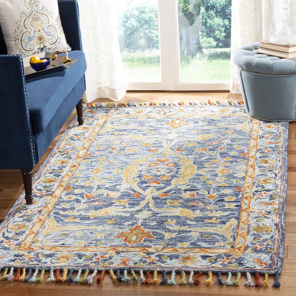 Aspen Area Rug - 9' x 12', Blue & Rust, Handmade Boho Braided Tassel Wool