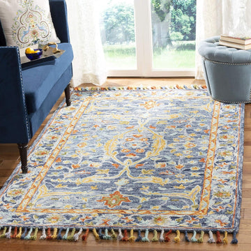 Aspen Area Rug - 9' x 12', Blue & Rust, Handmade Boho Braided Tassel Wool