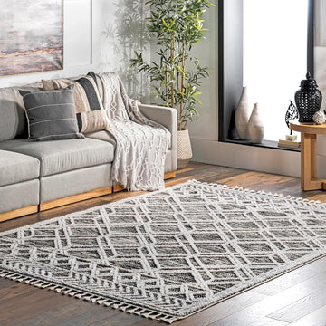 Ansley Moroccan Lattice Tassel Area Rug - 7x9 Area Rug Modern/Contemporary Grey/Off-White Rugs Bedroom Dining Room