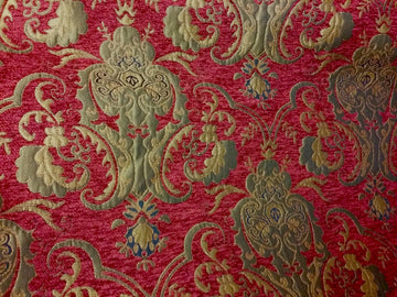 Chenille Damask Fabric, Color Red/Gold, Sold by The Yard 58