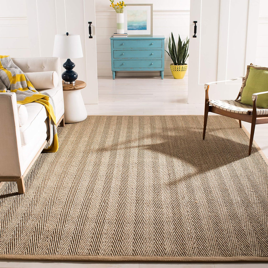 Area Rug 9x12 - Natural Fiber - Large - Natural & Beige, Seagrass, Herringbone Pattern with Border