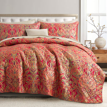 Boho Paisley Print Luxury Quilt and Shams Bedding Set Bohemian Damask Medallion Bedspread Egyptian Cotton