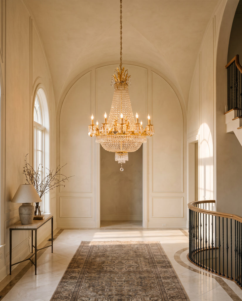 French Empire crystal chandelier H40" x W30" hanging in a grand luxury foyer with vaulted ceilings