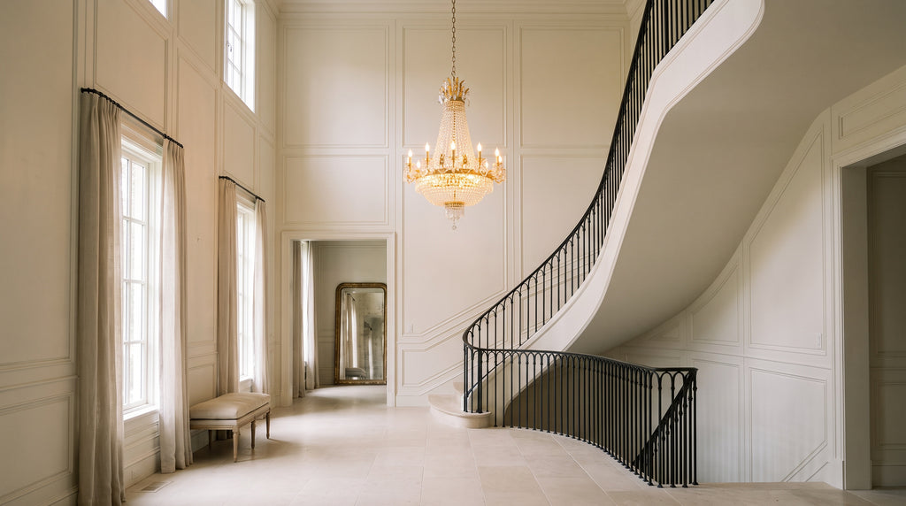 French Empire crystal chandelier shown in a two-story entry hall with a curved staircase