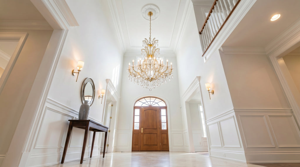 Gold Maria Theresa Empress crystal chandelier in tall two-story foyer