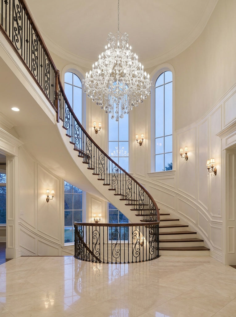 Maria Theresa 49-light chrome crystal chandelier hanging in a grand two-story foyer