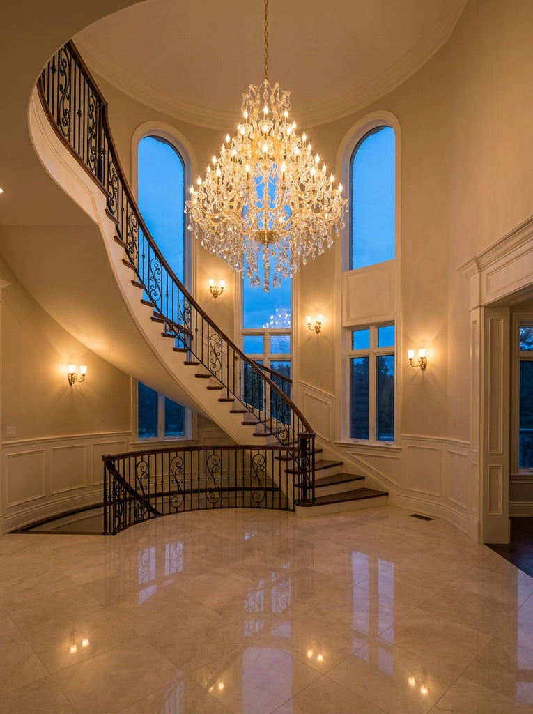 Maria Theresa 49-light gold crystal chandelier hanging in a grand two-story foyer