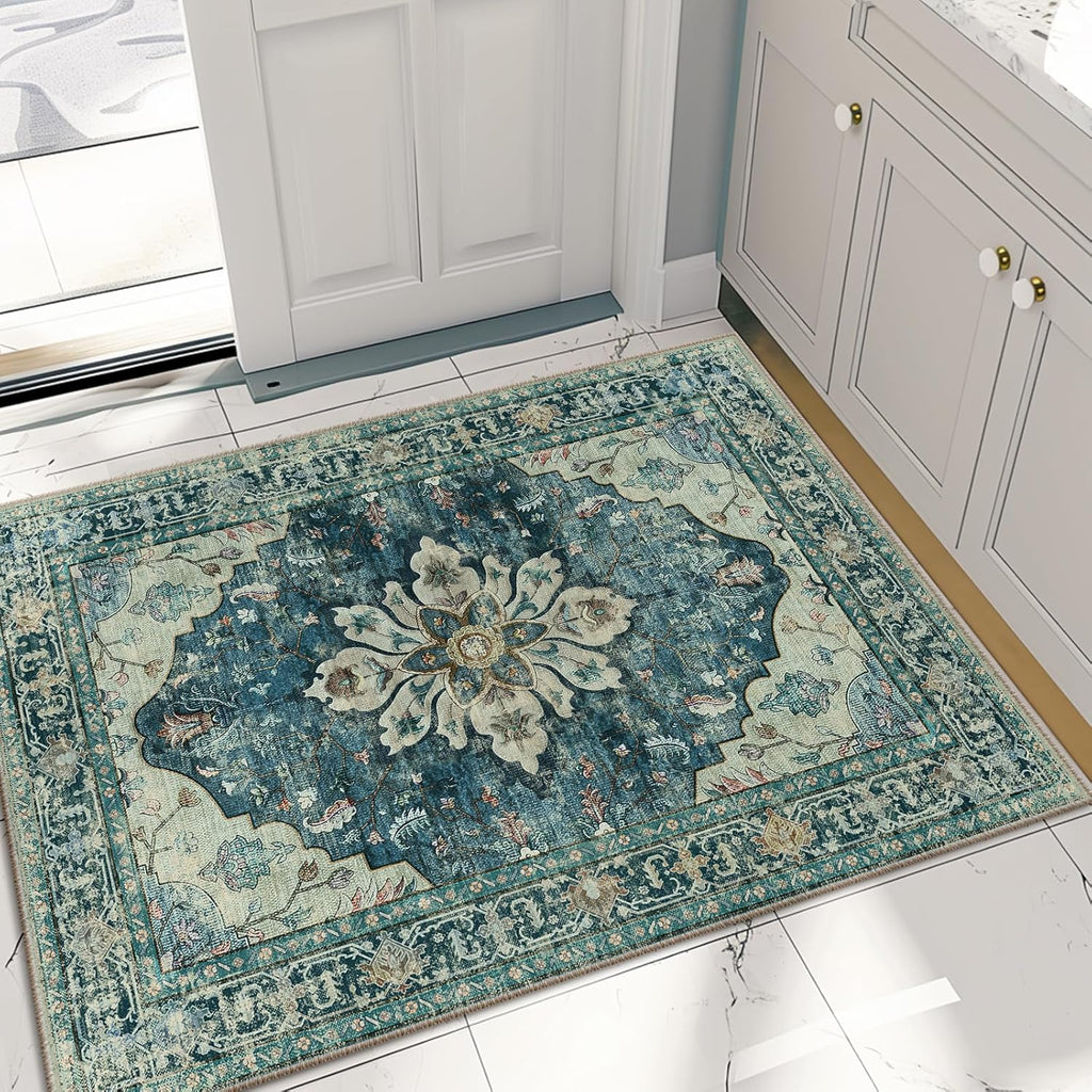 Area Rugs Washable Non-Slip, Floral Vintage Distress Print Pattern Medallion Carpet for Living Room Bedroom Dining Room