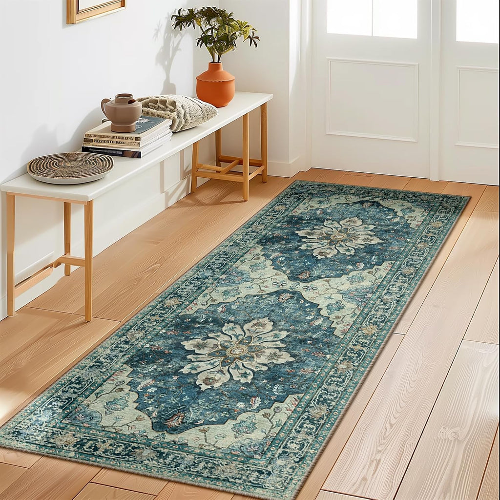 Area Rugs Washable Non-Slip, Floral Vintage Distress Print Pattern Medallion Carpet for Living Room Bedroom Dining Room