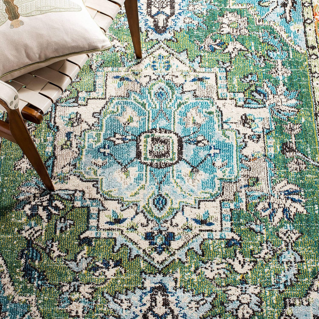 Monaco Collection Area Rug, Green & Turquoise, Boho Oriental Medallion Design, Non-Shedding & Easy