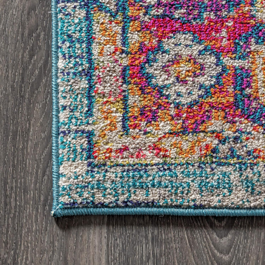 Vintage Boho Blue/Red Indoor Area Rug, Bohemian Flair Traditional Medallion, Floral Easy-Cleaning High Traffic
