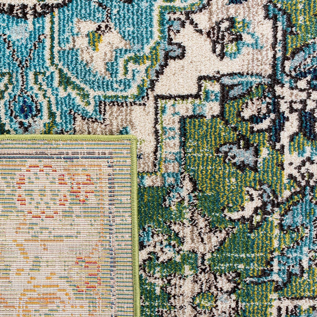 Monaco Collection Area Rug, Green & Turquoise, Boho Oriental Medallion Design, Non-Shedding & Easy