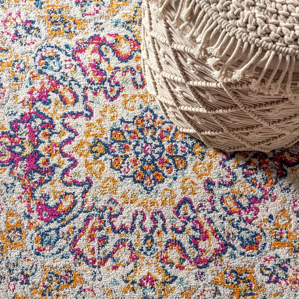 Boho Medallion Area Rug Pink/Cream, Vintage Indoor Rug
