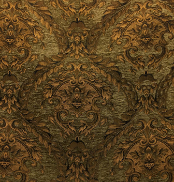 Tapestry Chenille Fabric - Upholstery Fabric, Olive Green / Gold - 60" Width - Sold Bty