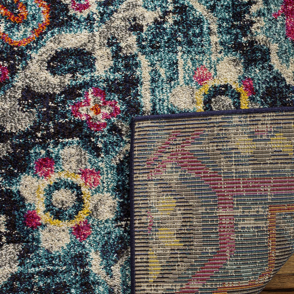 Monaco Collection Area Rug, Blue & Fuchsia, Boho Chic Medallion Distressed Design, Non-Shedding & Easy