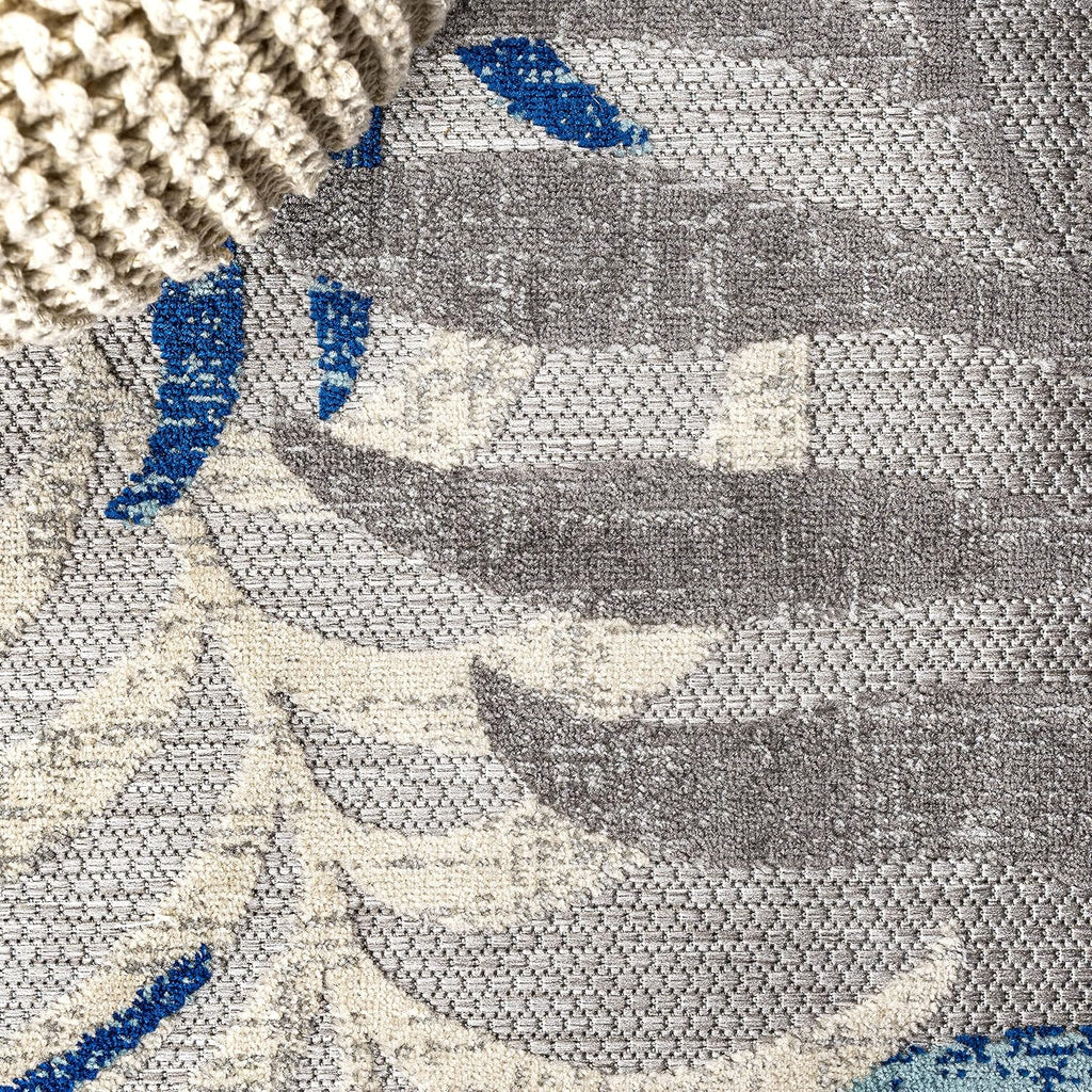 Tropical Leaves Square Rug Gray/Blue, Coastal Indoor Outdoor Rug