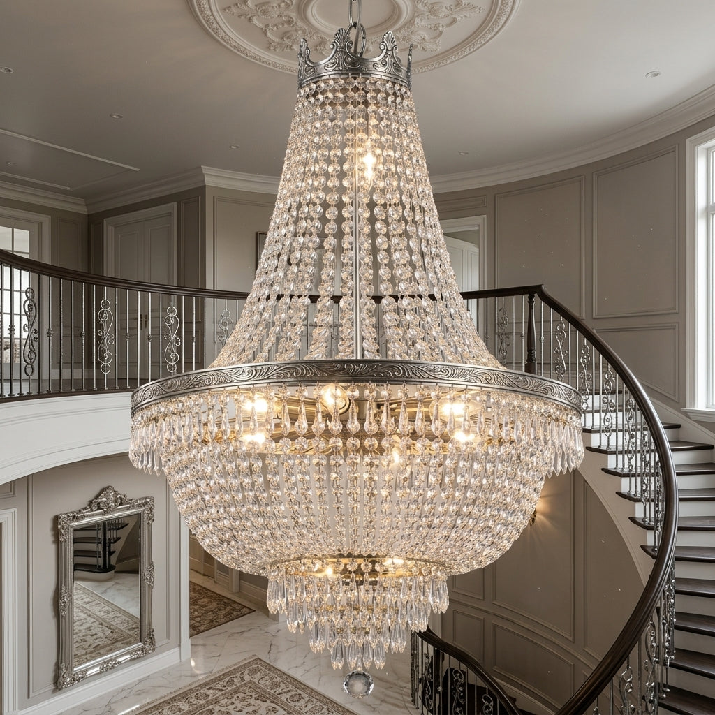 French Empire Crystal Chandelier Silver Finish H30" X W24"
