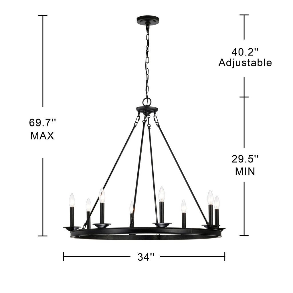 Casimir 8-Light 34" Antique Black Wagon Wheel Chandelier