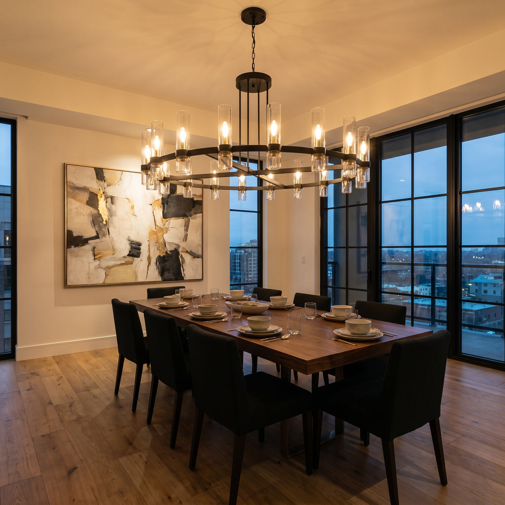 Ravelle 60 inch round black chandelier above a modern dining table with city view